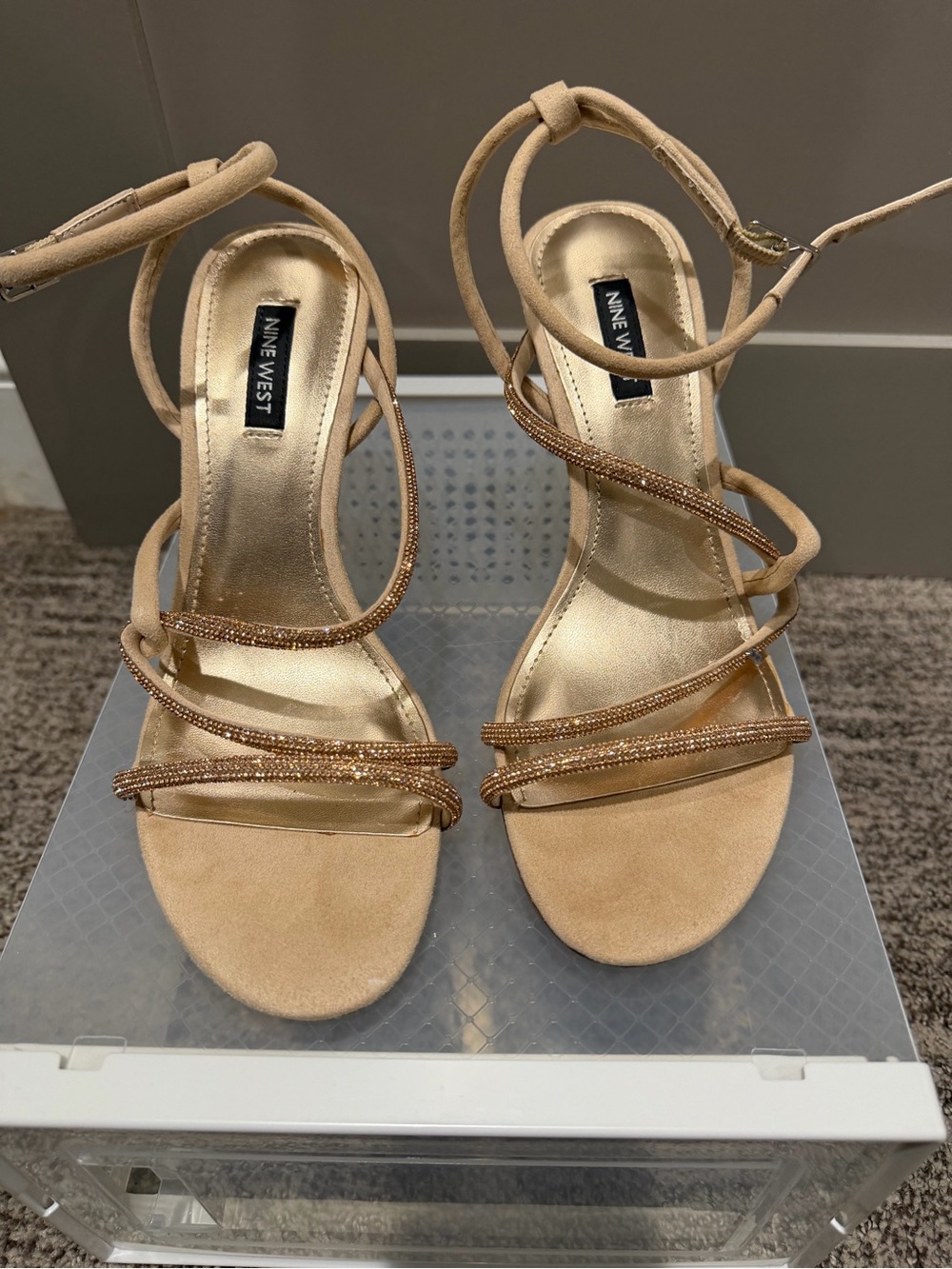 Nine West Beige/Tan Strappy Crystal Accent Heels